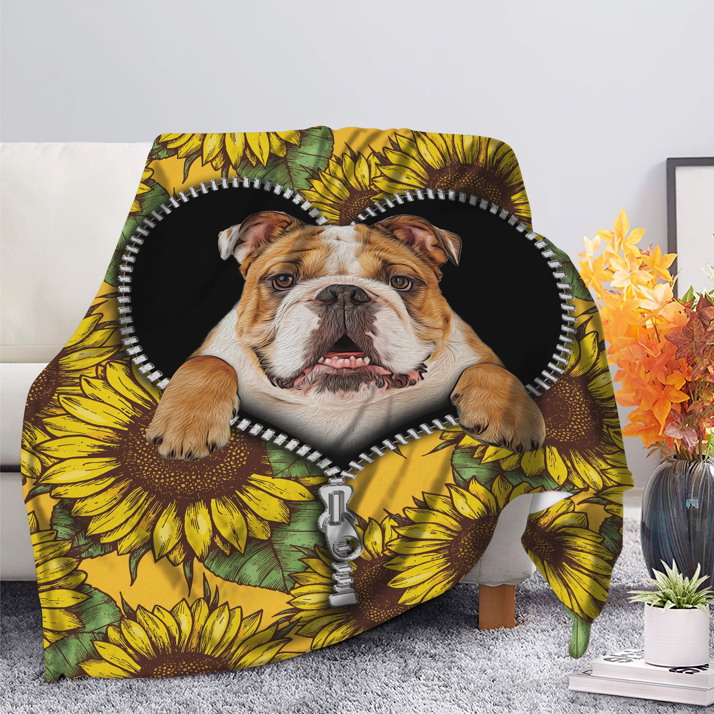 Bull Dog Sunflower Zipper Premium Custom Blanket Nearkii