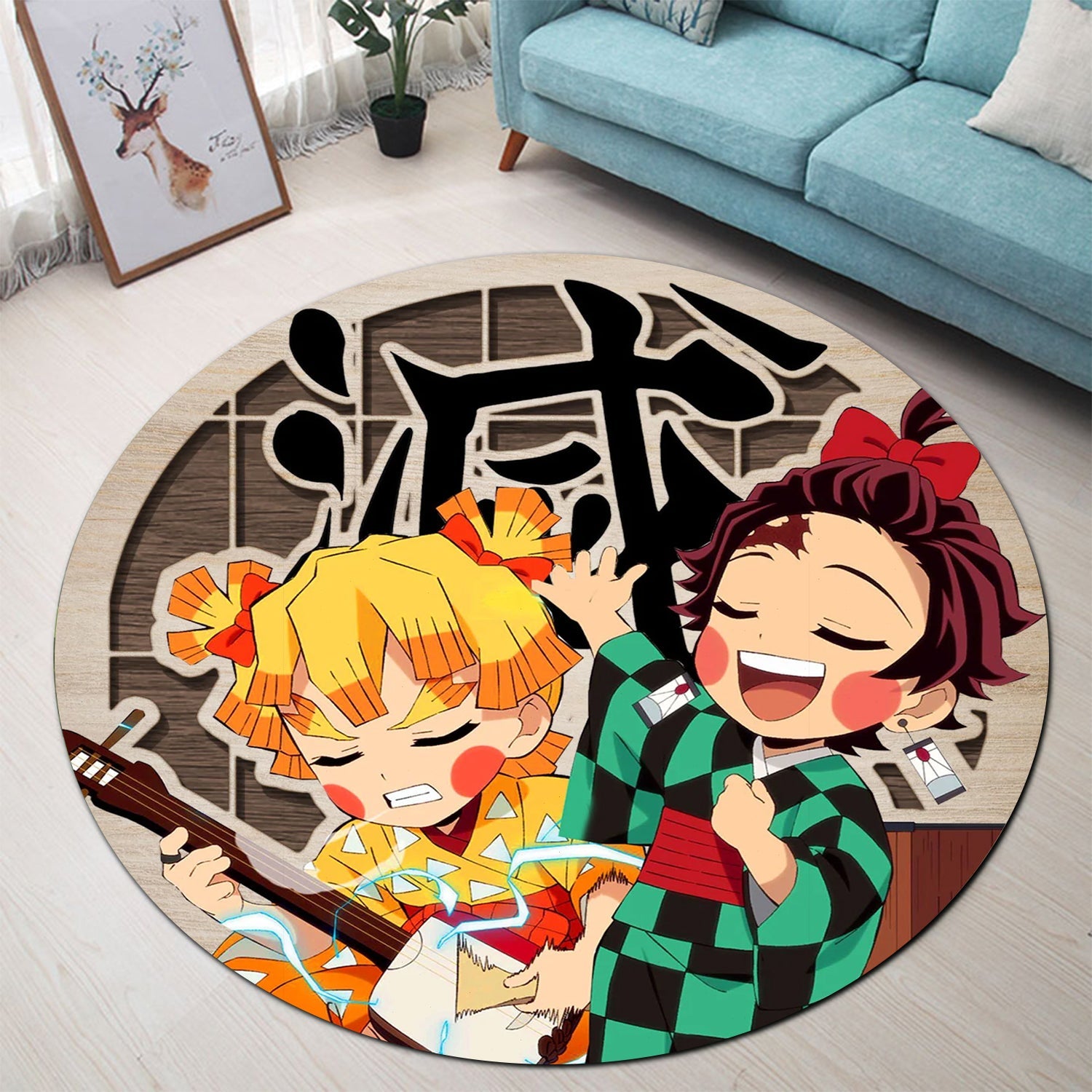 Demon Slayer Zenitsu Agatsuma x Tanjiro Kamado Round Carpet Rug Bedroom Livingroom Home Decor Nearkii