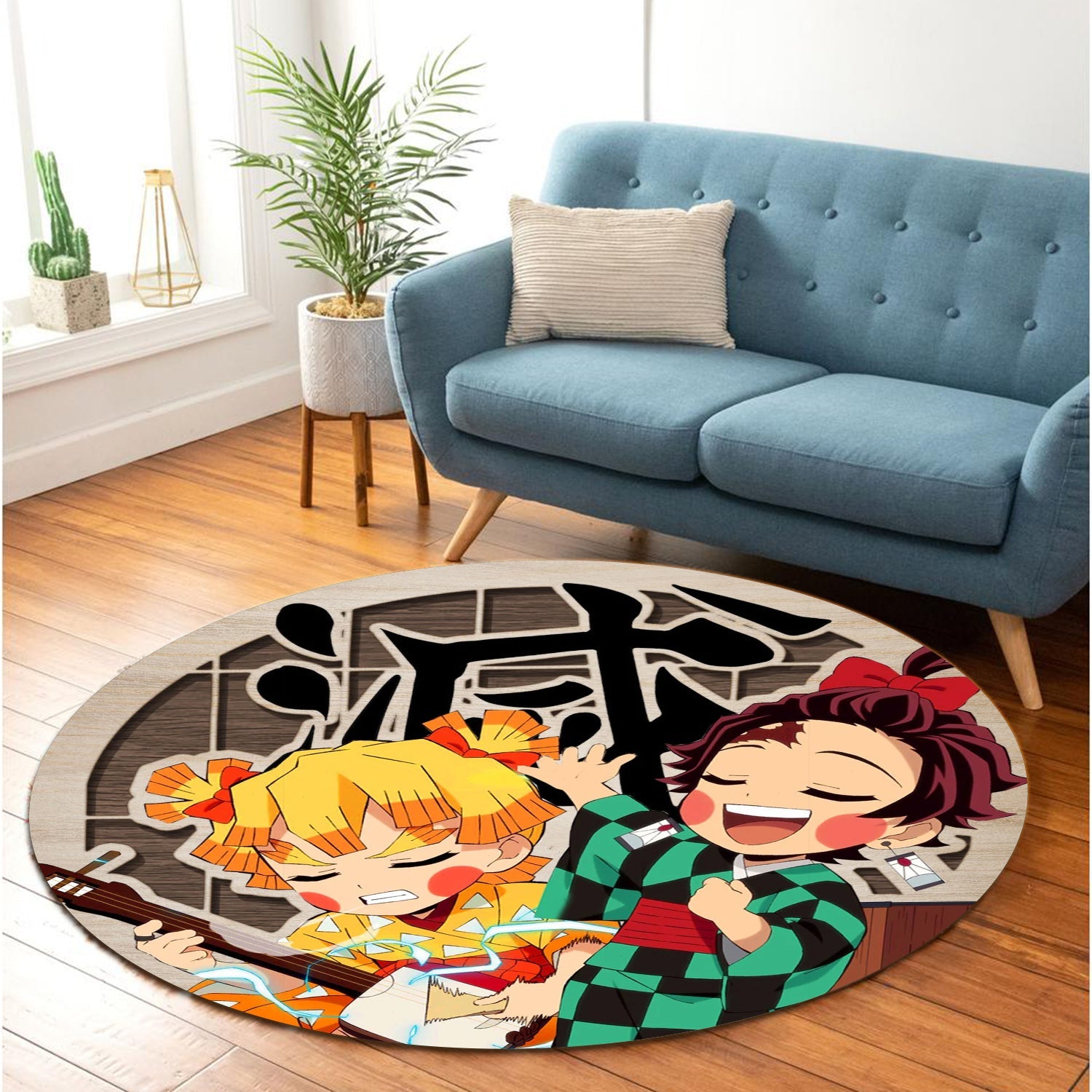 Demon Slayer Zenitsu Agatsuma x Tanjiro Kamado Round Carpet Rug Bedroom Livingroom Home Decor Nearkii