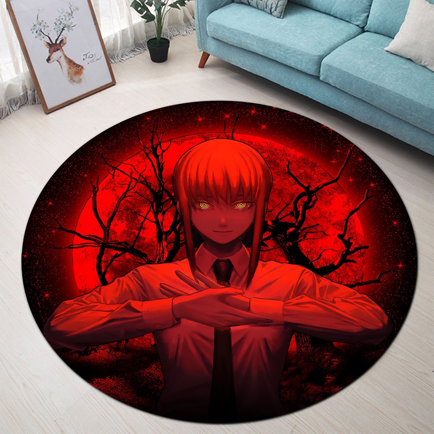 Makima Chainsaw Man Anime Moonlight Round Carpet Rug Bedroom Livingroom Home Decor Nearkii