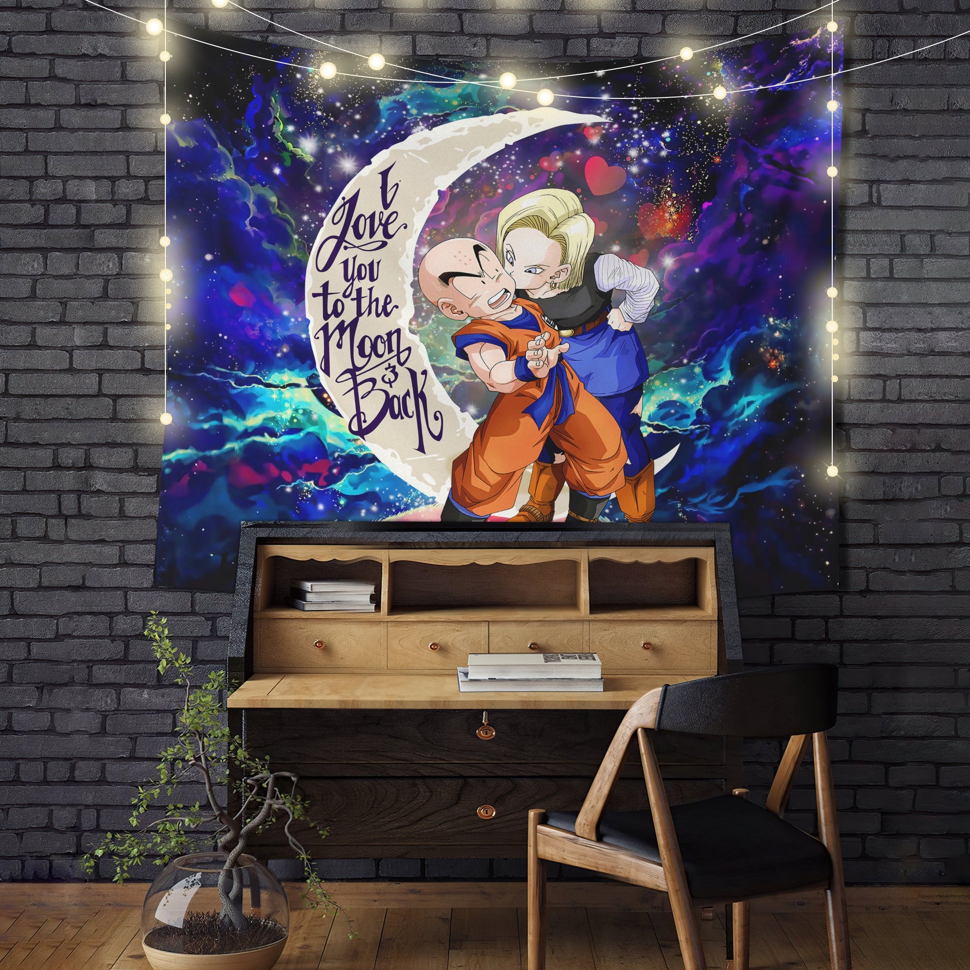 Krillin And Android 18 Dragon Ball Love Moon And Back Galaxy Tapestry Room Decor Nearkii