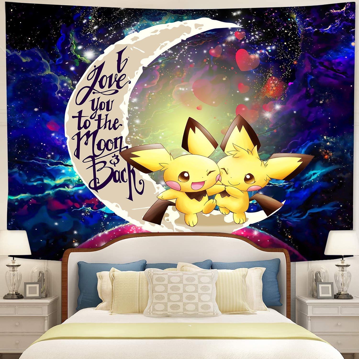 Pokemon Couple Pichu Love You To The Moon Galaxy Tapestry Room Decor Nearkii