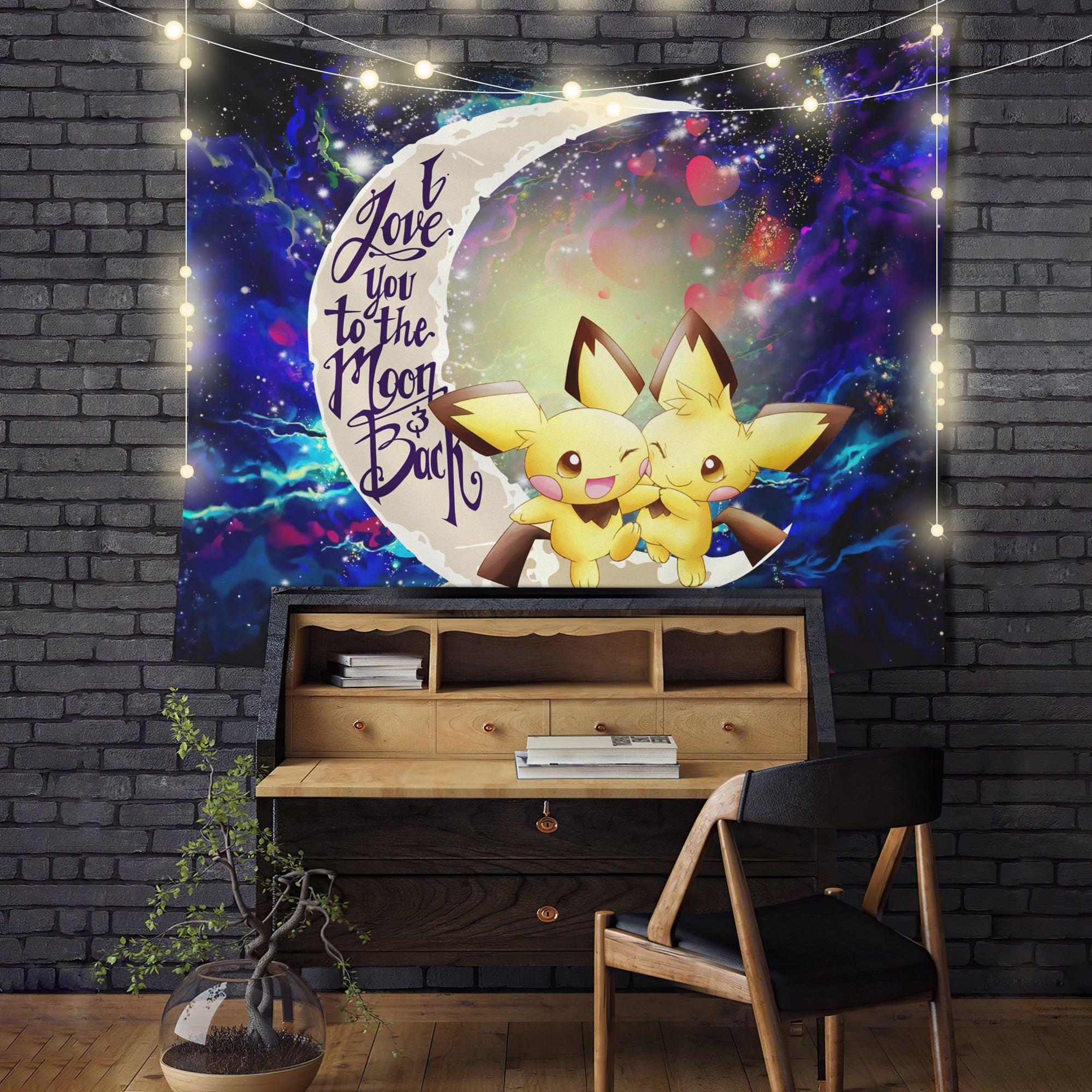 Pokemon Couple Pichu Love You To The Moon Galaxy Tapestry Room Decor Nearkii