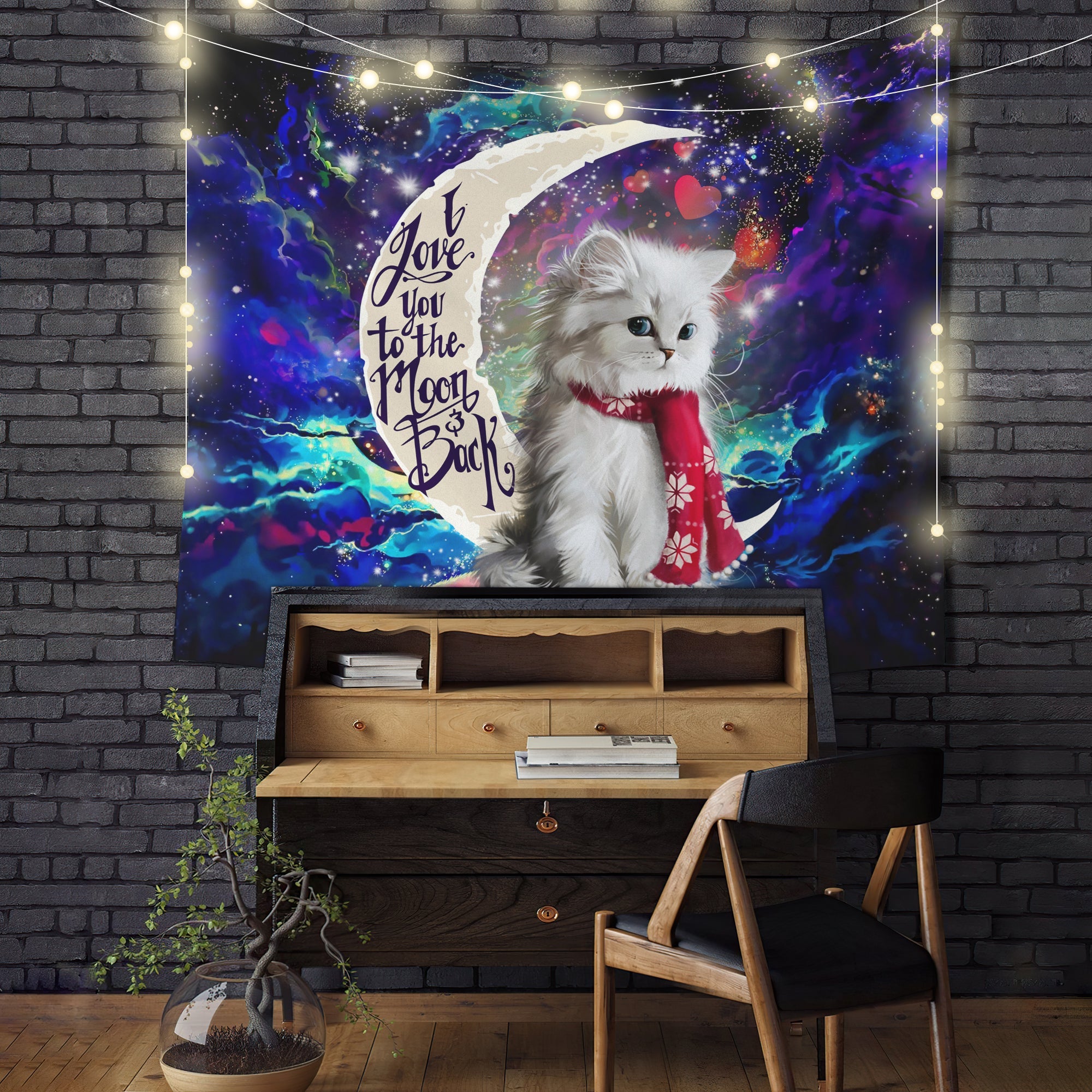 White Kitten Love You To The Moon Galaxy Tapestry Room Decor Nearkii