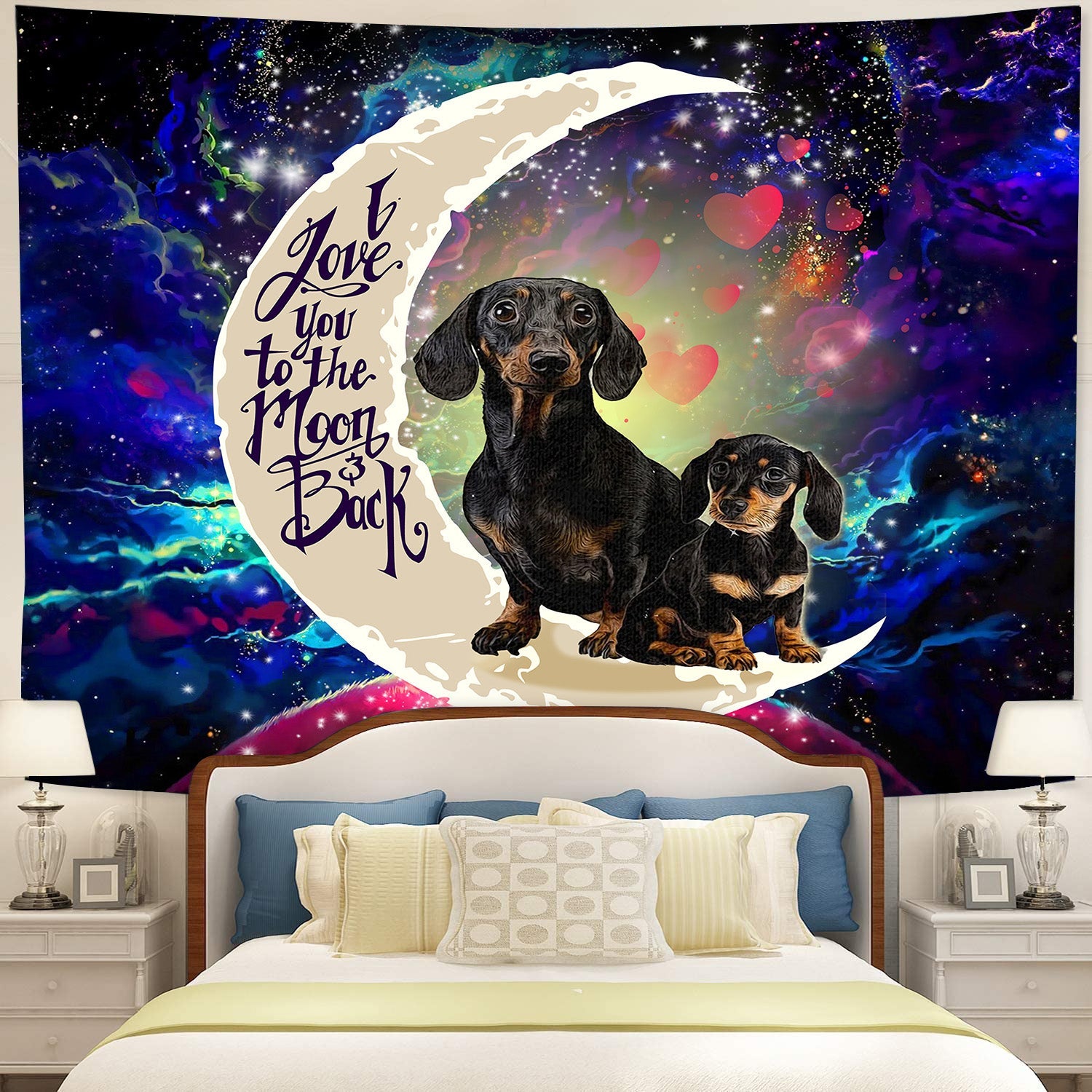 Dachshund Couple Love You To The Moon Galaxy Tapestry Room Decor Nearkii