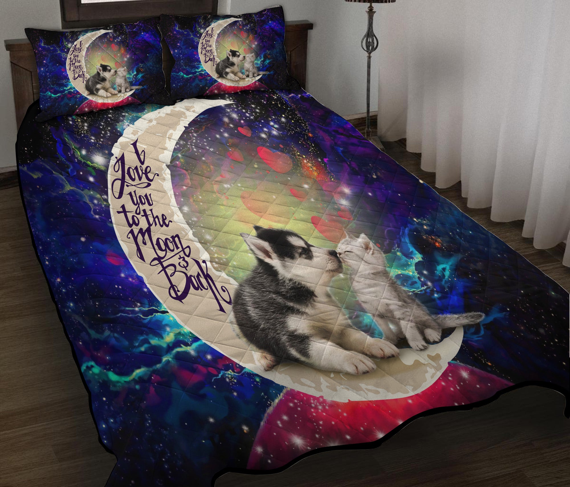 Cute Couple Husky And Cat Love You To The Moon Galaxy Quilt Bed Sets Nearkii