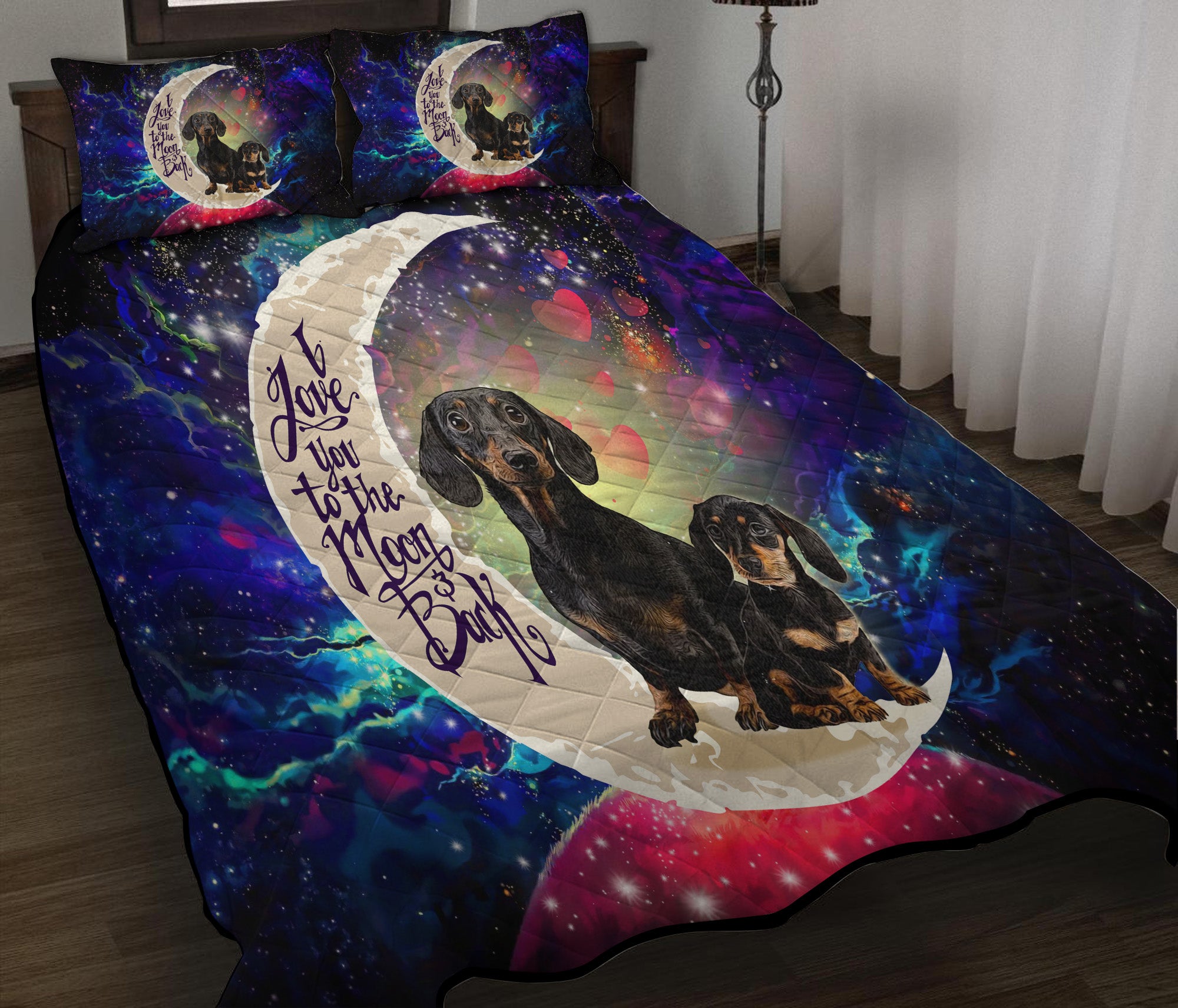 Dachshund Couple Love You To The Moon Galaxy Quilt Bed Sets Nearkii