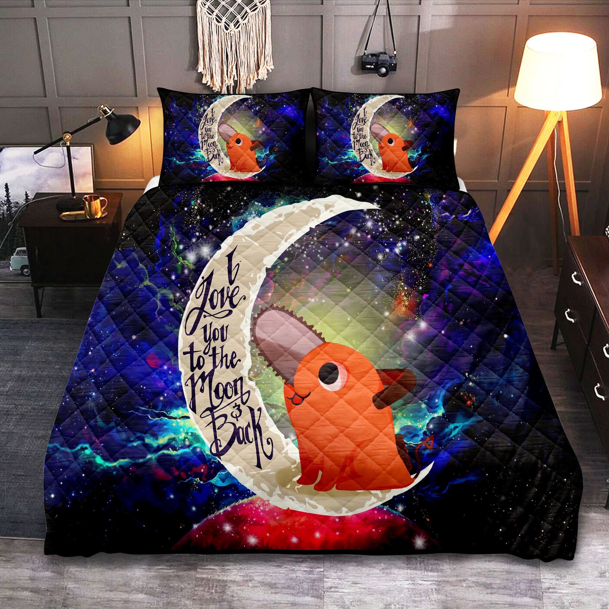 Dog Chainsaw Man Love You To The Moon Galaxy Quilt Bed Sets Nearkii