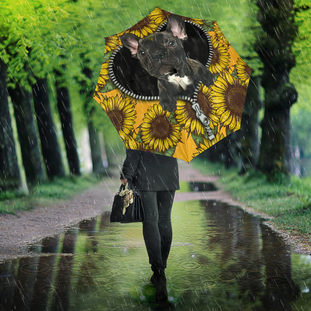 Black French Bulldog Sunflower Zipper Umbrella Nearkii