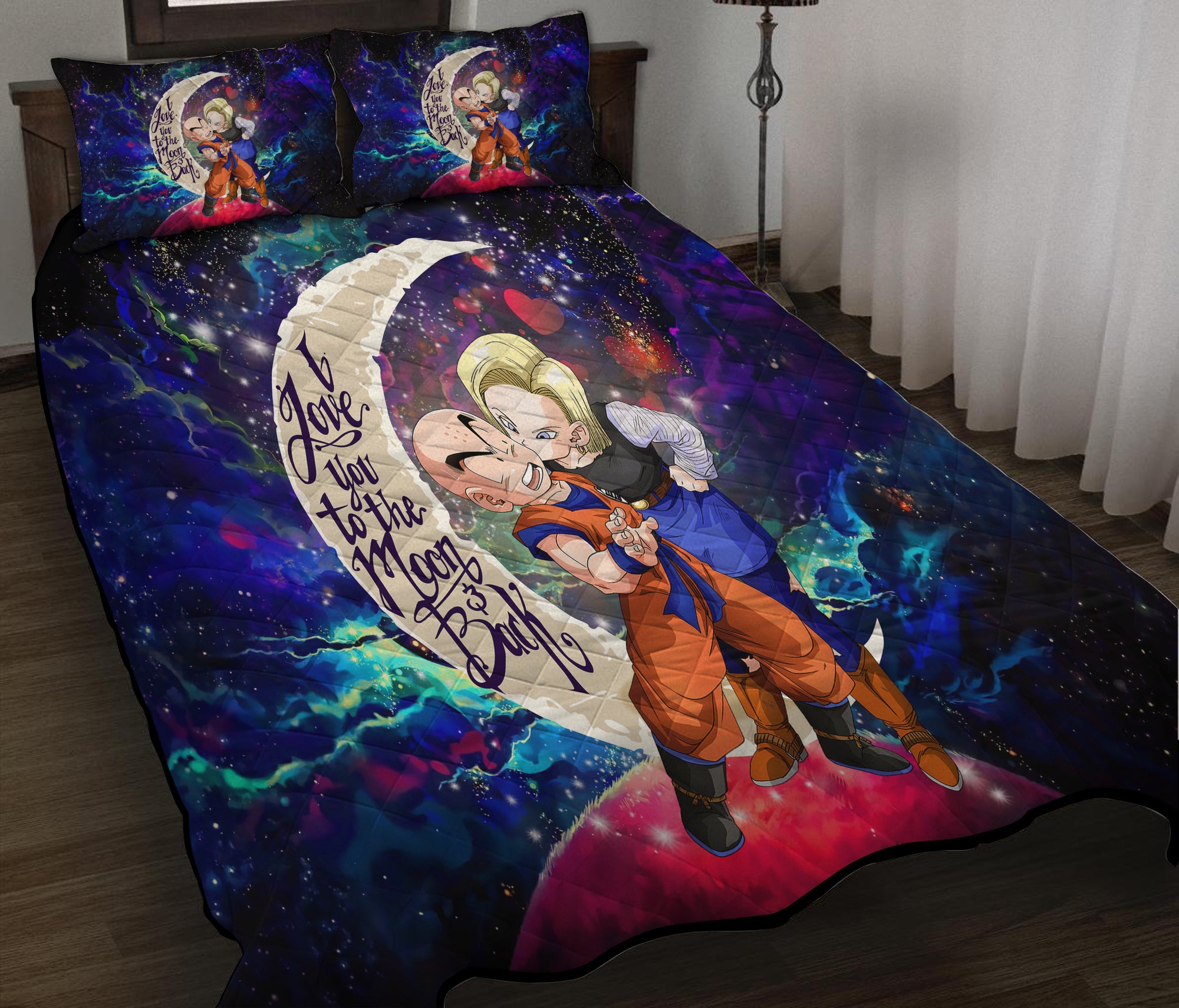 Krillin And Android 18 Dragon Ball Love You To The Moon Galaxy Quilt Bed Sets Nearkii