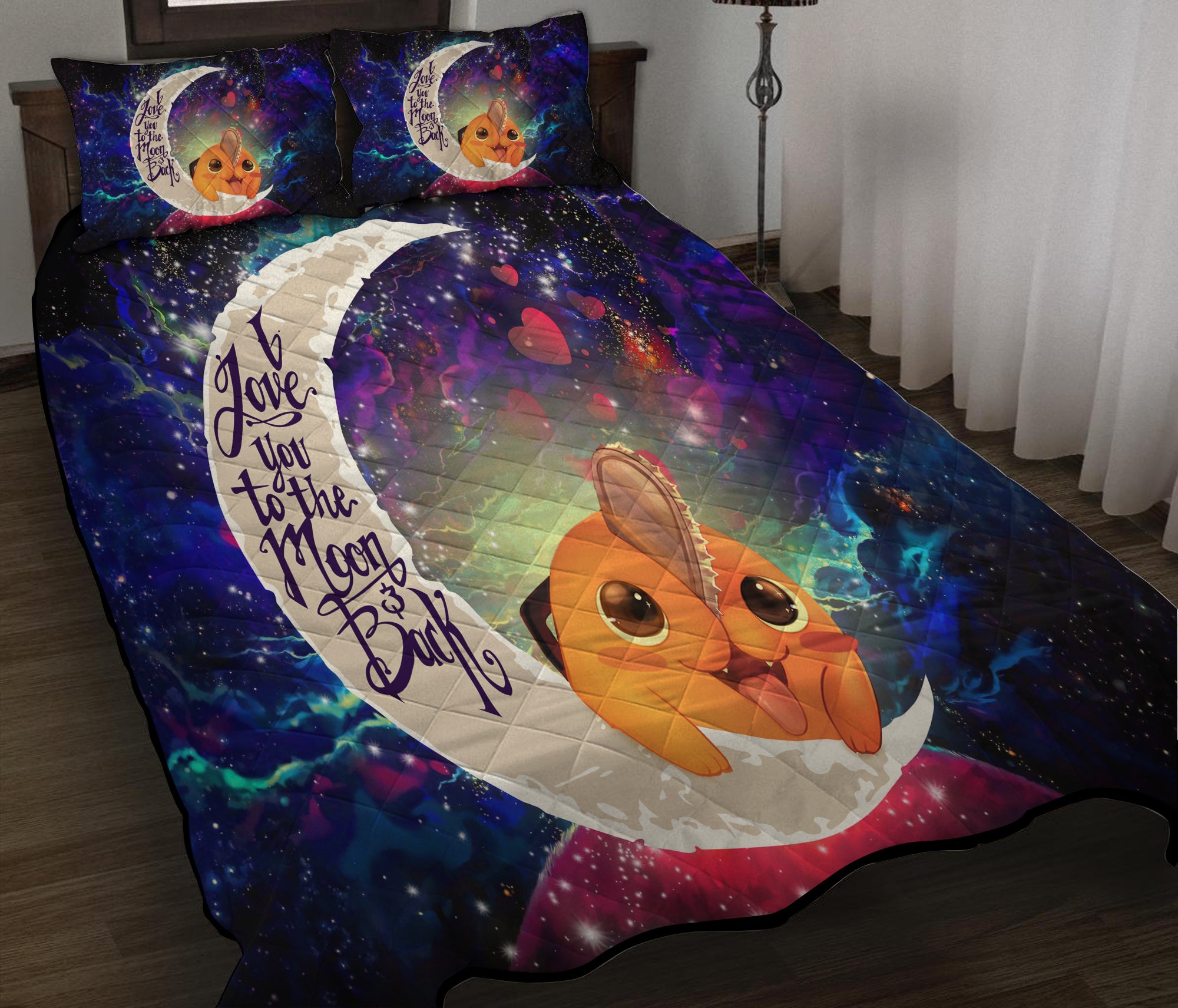 Pochita Chainsaw Man Anime Love You To The Moon Galaxy Quilt Bed Sets Nearkii