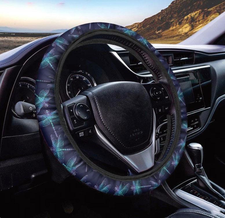 Teal And Purple Dragonfly Pattern Print Car Steering Wheel Cover Nearkii