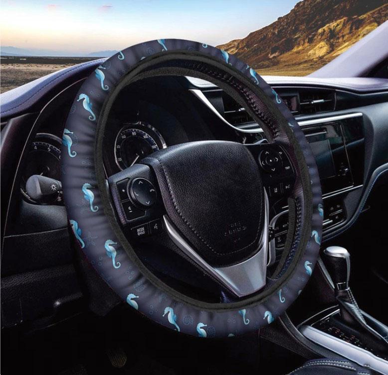 Blue Seahorse Pattern Print Car Steering Wheel Cover Nearkii