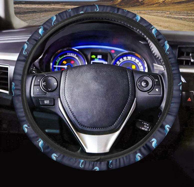 Blue Seahorse Pattern Print Car Steering Wheel Cover Nearkii