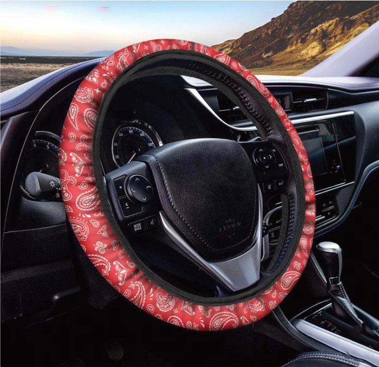 Red Paisley Bandana Pattern Print Car Steering Wheel Cover Nearkii