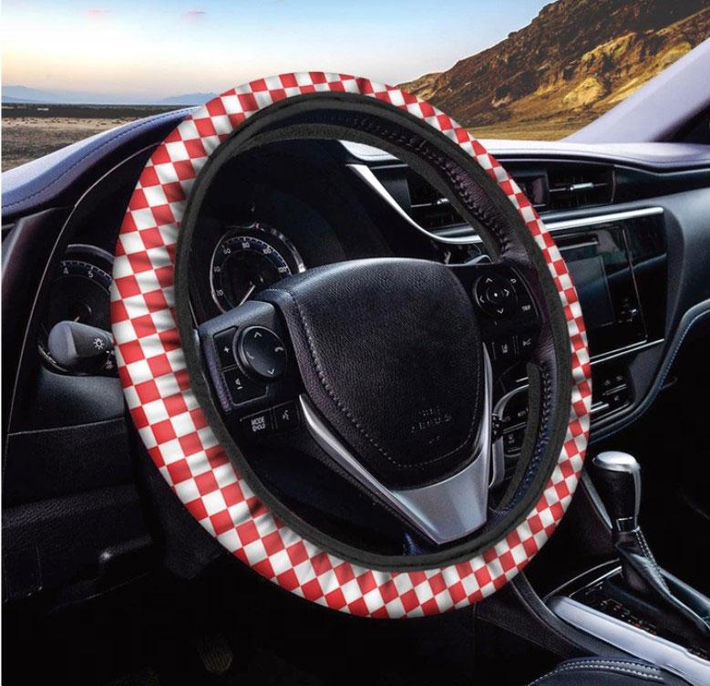 Red And White Checkered Pattern Print Car Steering Wheel Cover Nearkii