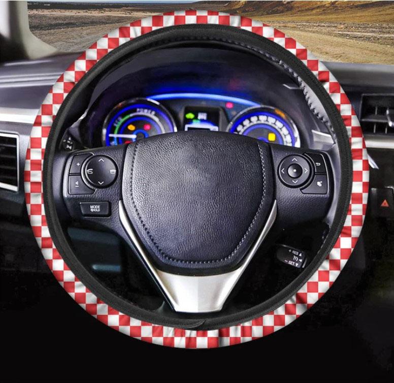 Red And White Checkered Pattern Print Car Steering Wheel Cover Nearkii