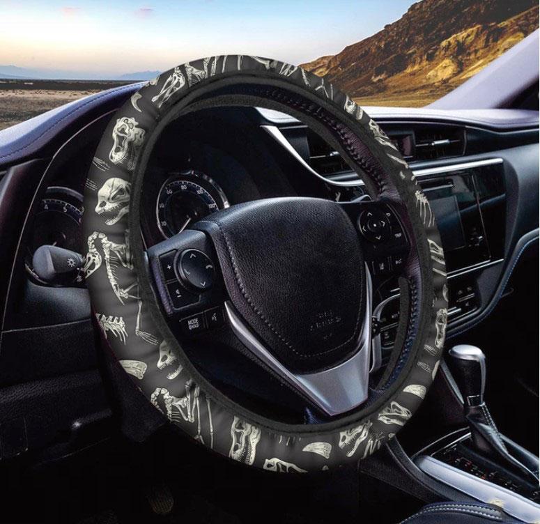 Monochrome Dinosaur Fossil Pattern Print Car Steering Wheel Cover Nearkii