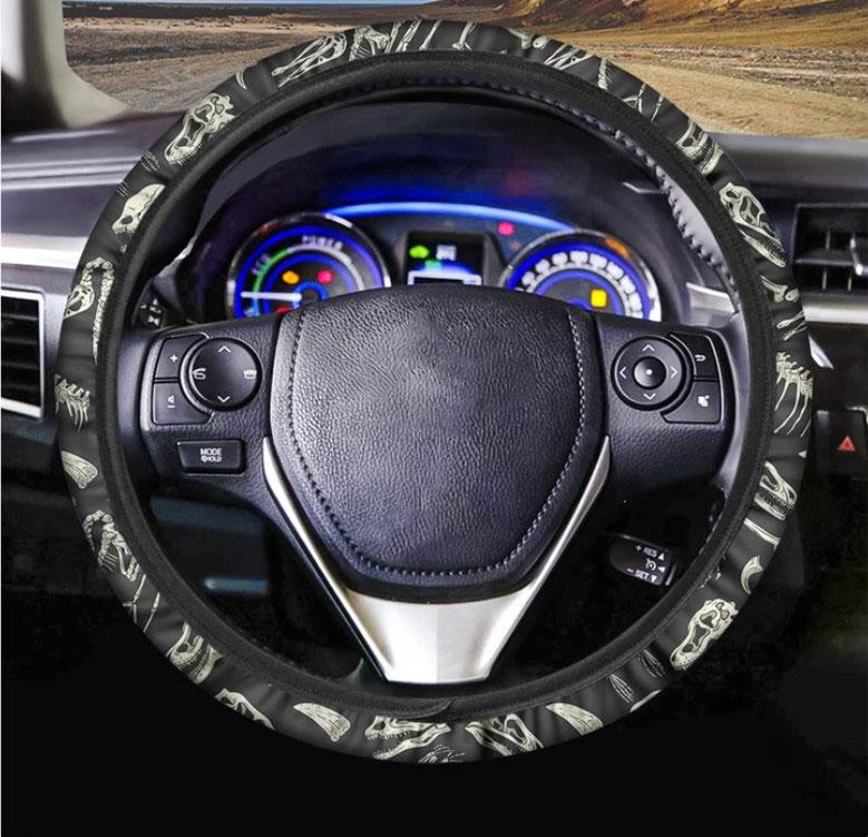 Monochrome Dinosaur Fossil Pattern Print Car Steering Wheel Cover Nearkii