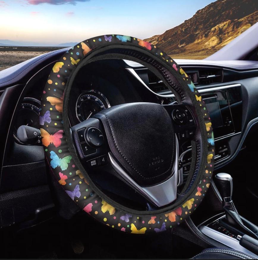 Colorful Watercolor Butterfly Print Car Steering Wheel Cover Nearkii