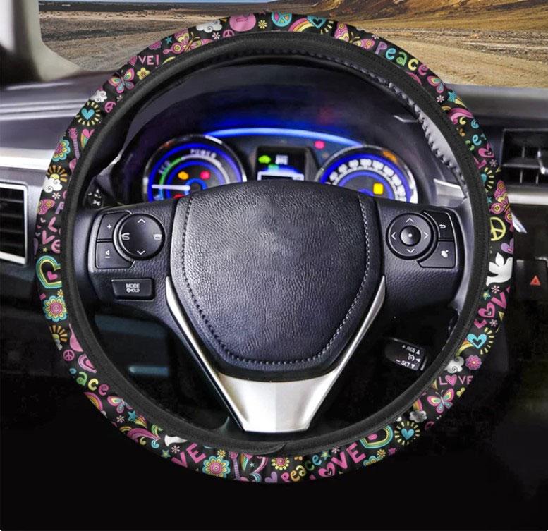 Hippie Peace Sign And Love Pattern Print Car Steering Wheel Cover Nearkii