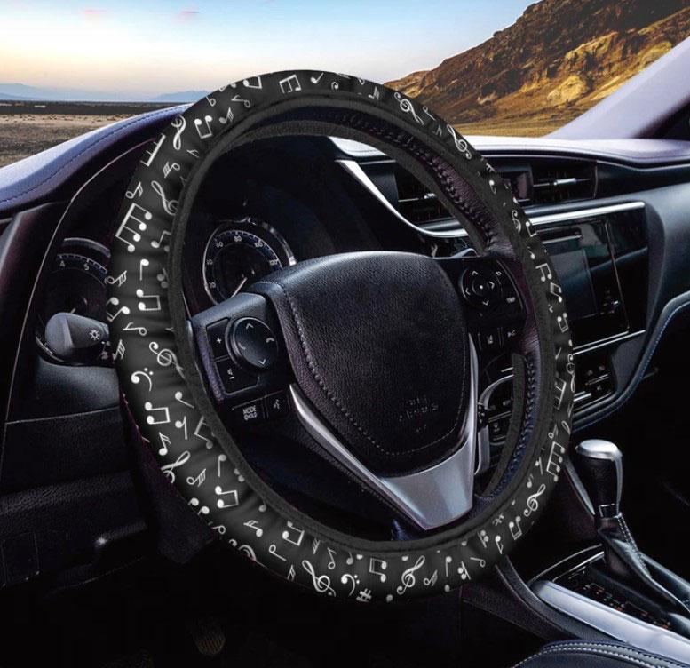 Black And White Music Note Pattern Print Car Steering Wheel Cover Nearkii