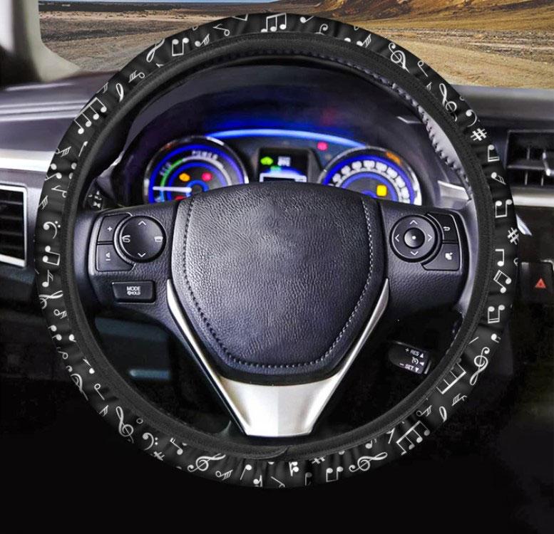 Black And White Music Note Pattern Print Car Steering Wheel Cover Nearkii