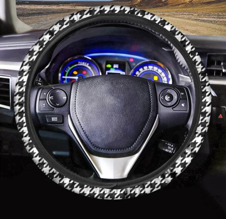 Black And White Houndstooth Print Car Steering Wheel Cover Nearkii