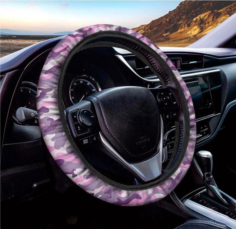 Pink Purple And Grey Camouflage Print Car Steering Wheel Cover Nearkii