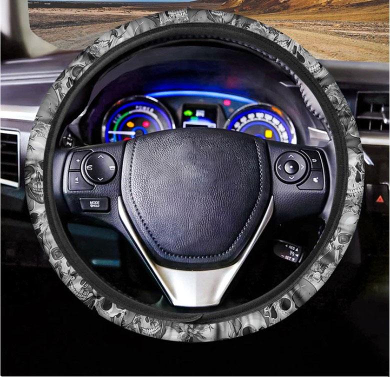 Monochrome Skull Flowers Pattern Print Car Steering Wheel Cover Nearkii