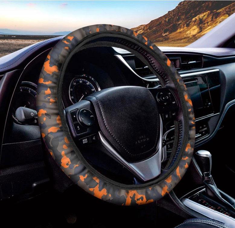 Black And Orange Camouflage Print Car Steering Wheel Cover Nearkii