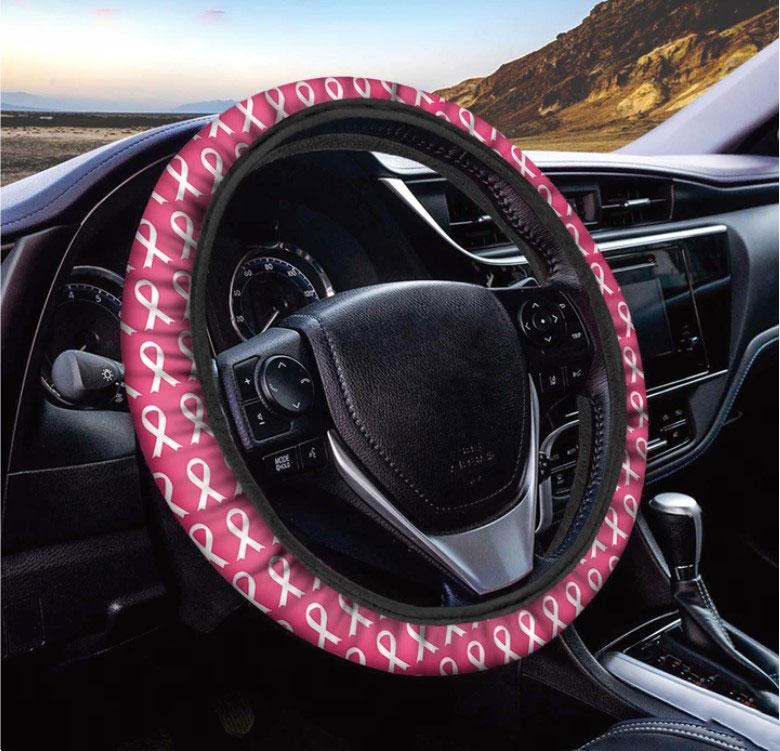 White And Pink Breast Cancer Print Car Steering Wheel Cover Nearkii