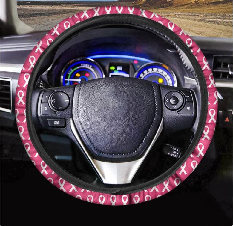 White And Pink Breast Cancer Print Car Steering Wheel Cover Nearkii