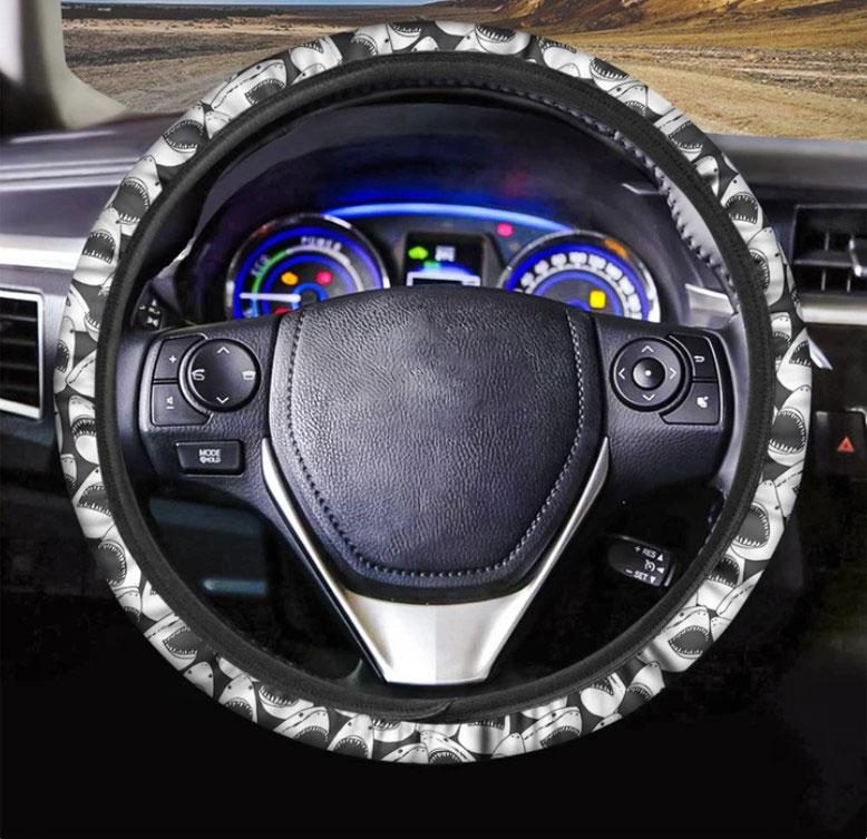 White And Grey Shark Pattern Print Car Steering Wheel Cover Nearkii