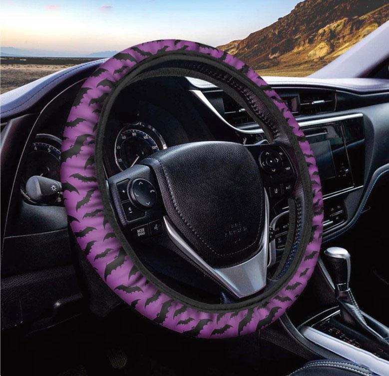 Purple And Black Halloween Bat Print Car Steering Wheel Cover Nearkii