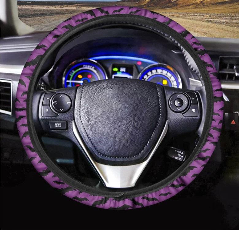 Purple And Black Halloween Bat Print Car Steering Wheel Cover Nearkii