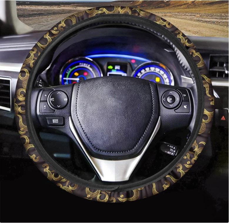 Gold Om Symbol Pattern Print Car Steering Wheel Cover Nearkii