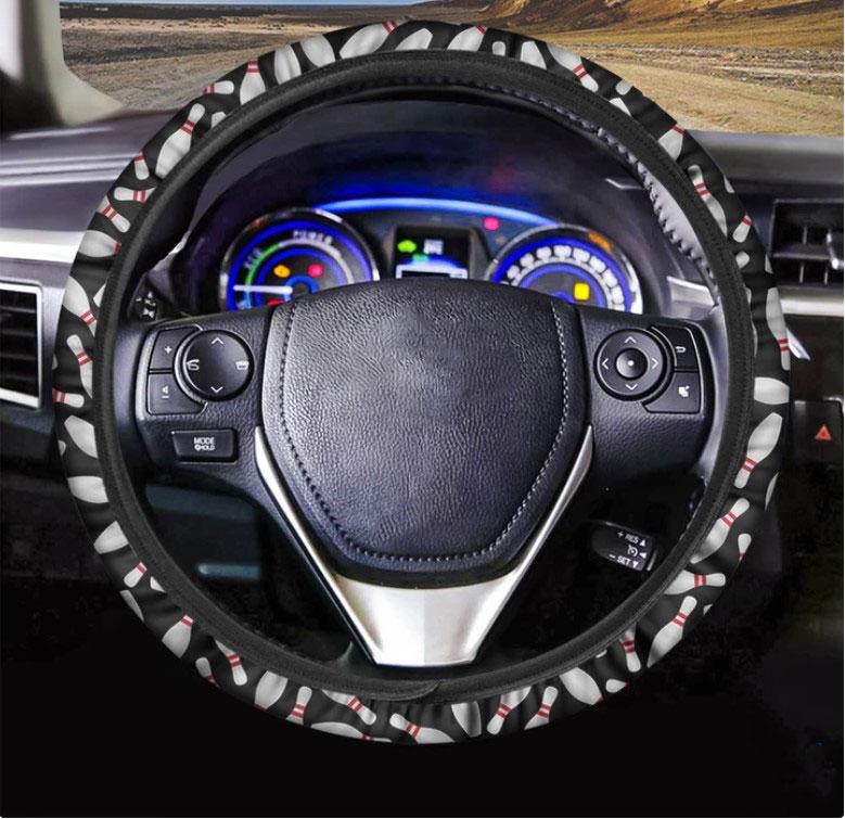 Black Bowling Pins Pattern Print Car Steering Wheel Cover Nearkii