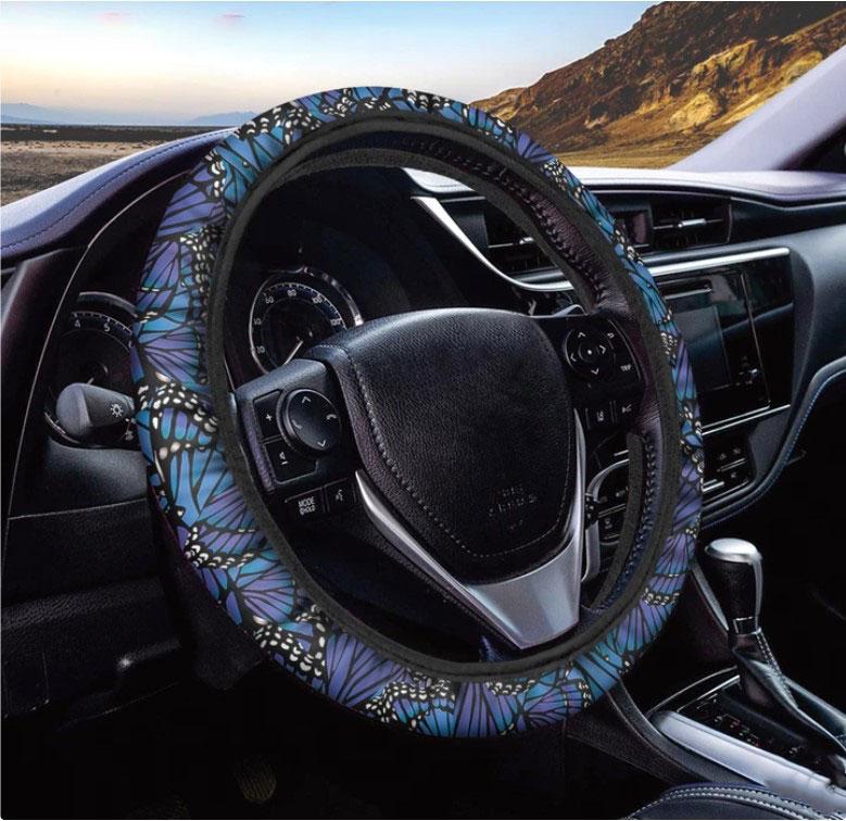 Blue Monarch Butterfly Wings Print Car Steering Wheel Cover Nearkii