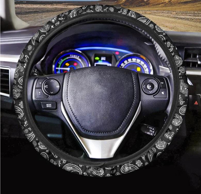 Black Paisley Bandana Pattern Print Car Steering Wheel Cover Nearkii