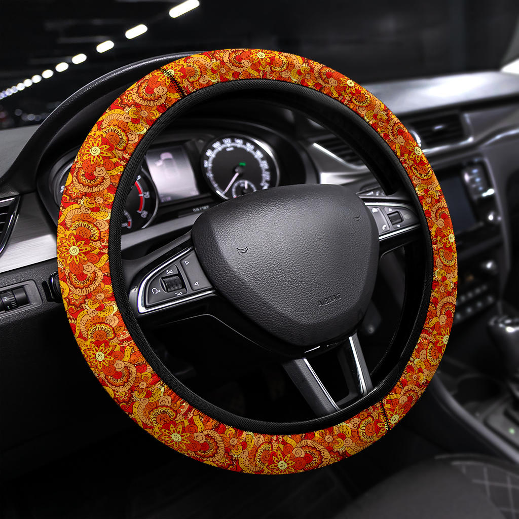 Asian Ethnic Floral Retro Doodle Fashion Premium Car Steering Wheel Cover Nearkii