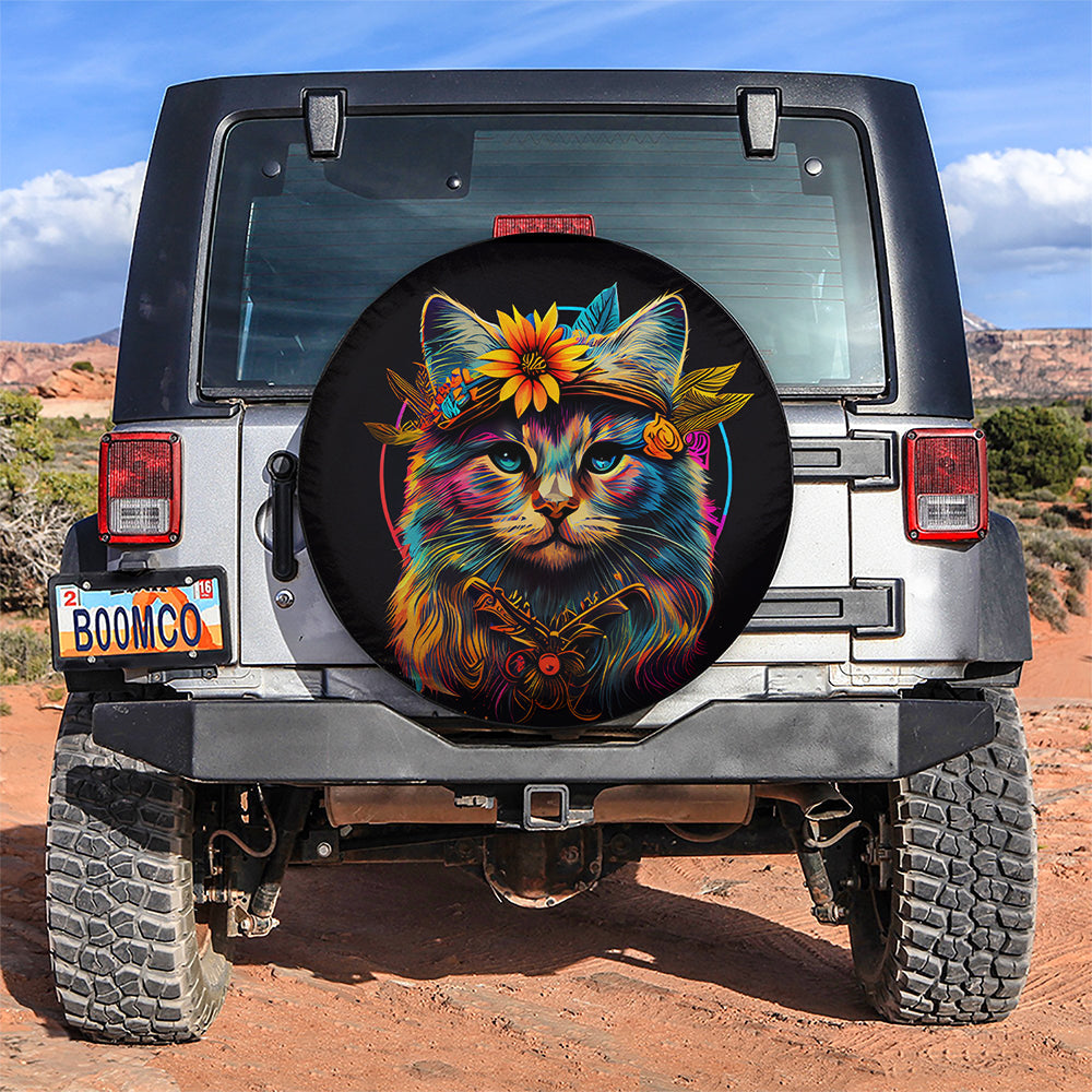 Colorful Hippie Cat Car Spare Tire Covers Gift For Campers Nearkii