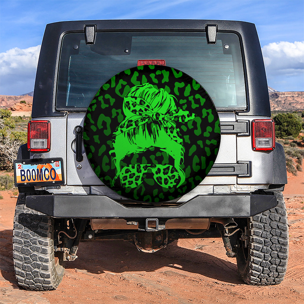 Green Jeep Girl With Sunglasses Leopard Pattern Car Spare Tire Covers Gift For Campers Nearkii