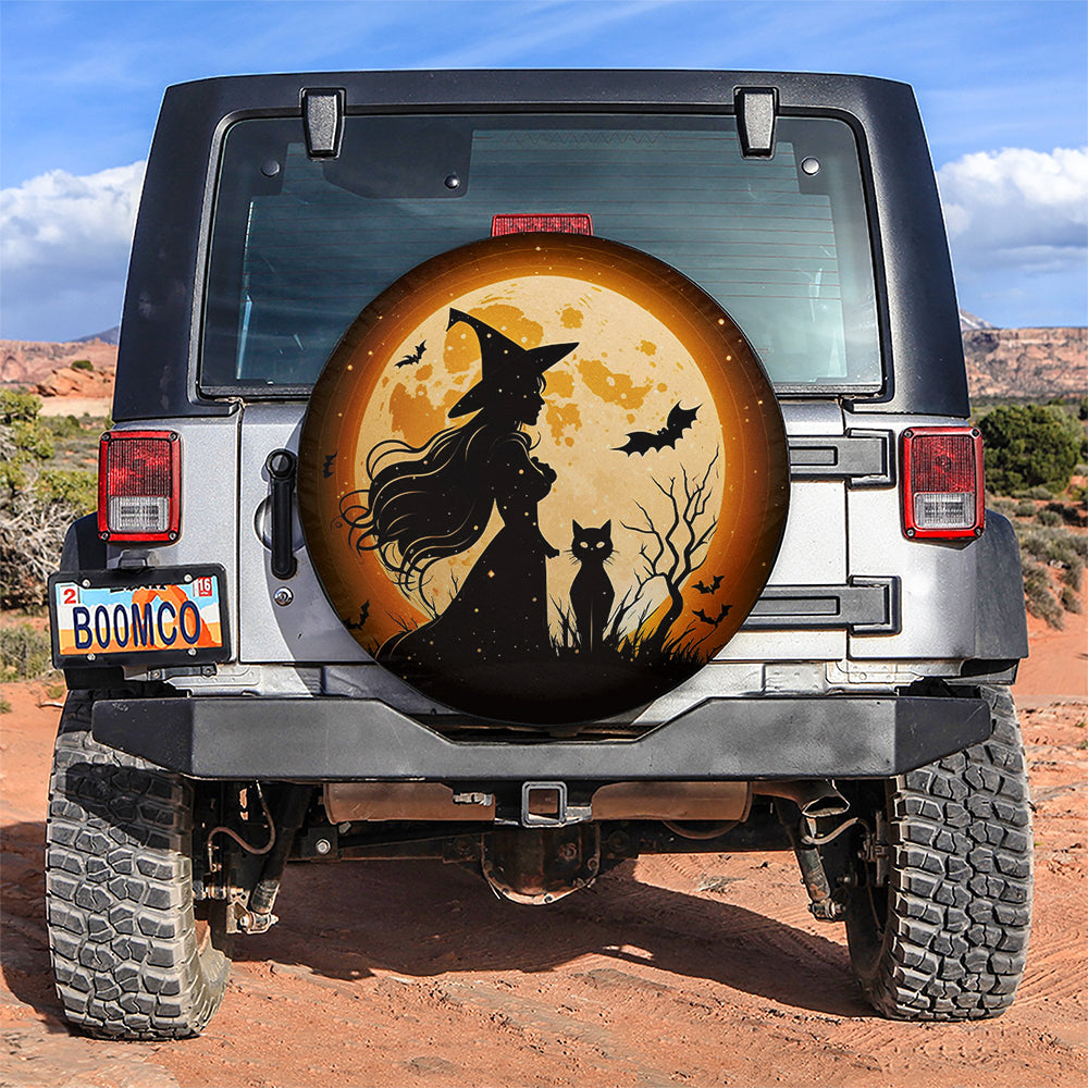 Witch Shadow With Cat Fly Halloween Style Car Spare Tire Covers Gift For Campers Nearkii