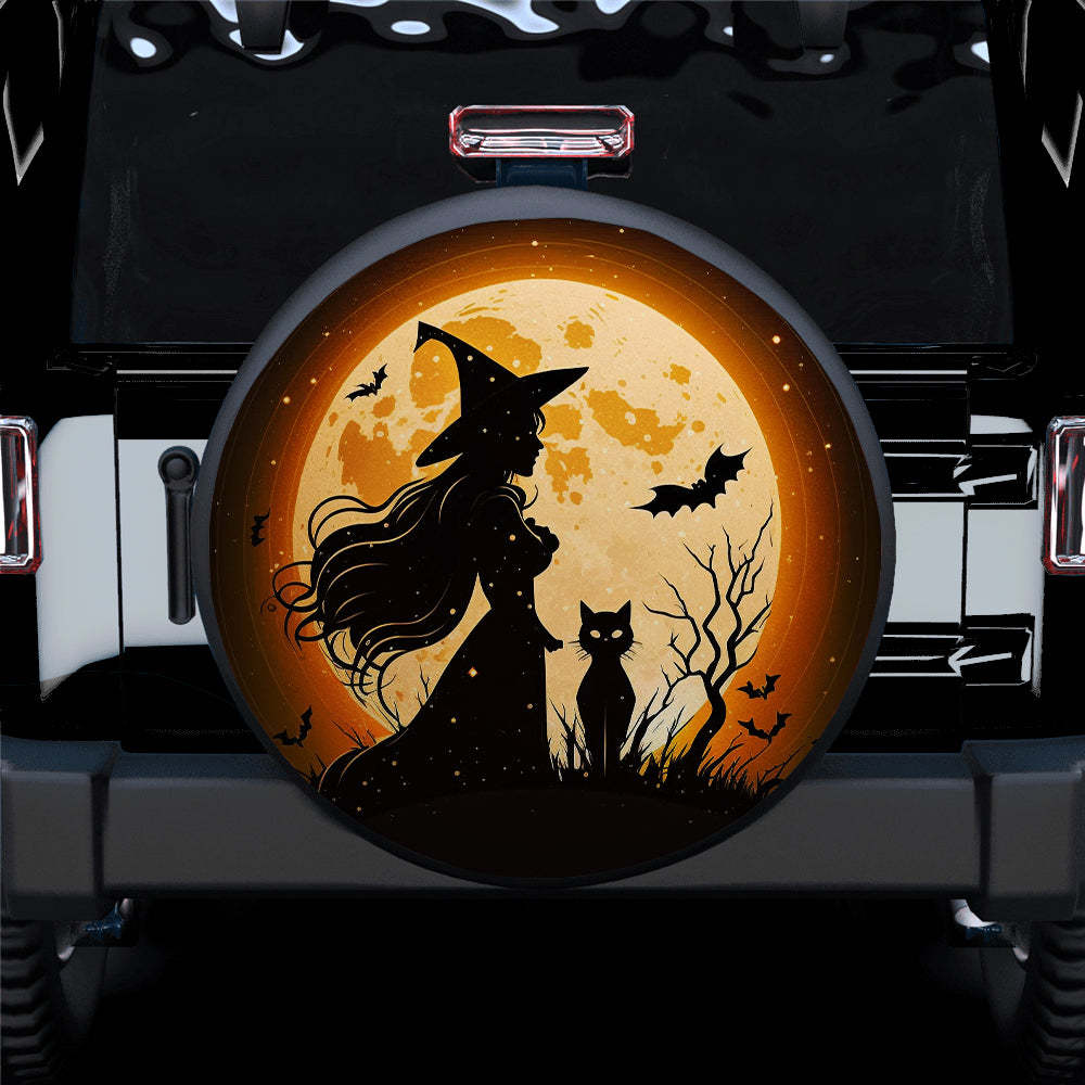 Witch Shadow With Cat Fly Halloween Style Car Spare Tire Covers Gift For Campers Nearkii